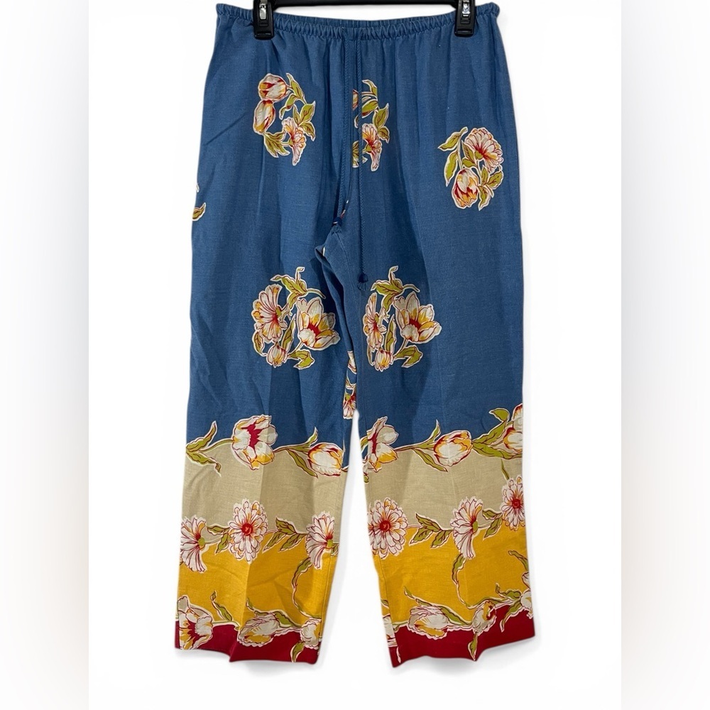 Ruby Rd Floral Linen Blend Wide Leg Pants Blue Yellow Boho Resort Size 10 - Picture 1 of 8